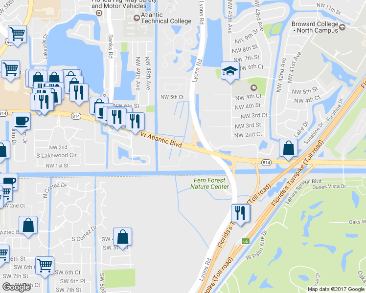 map of restaurants, bars, coffee shops, grocery stores, and more near 4760 West Atlantic Boulevard in Coconut Creek