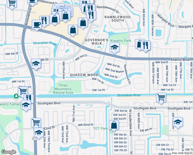 map of restaurants, bars, coffee shops, grocery stores, and more near 8726 Northwest 1st Street in Coral Springs