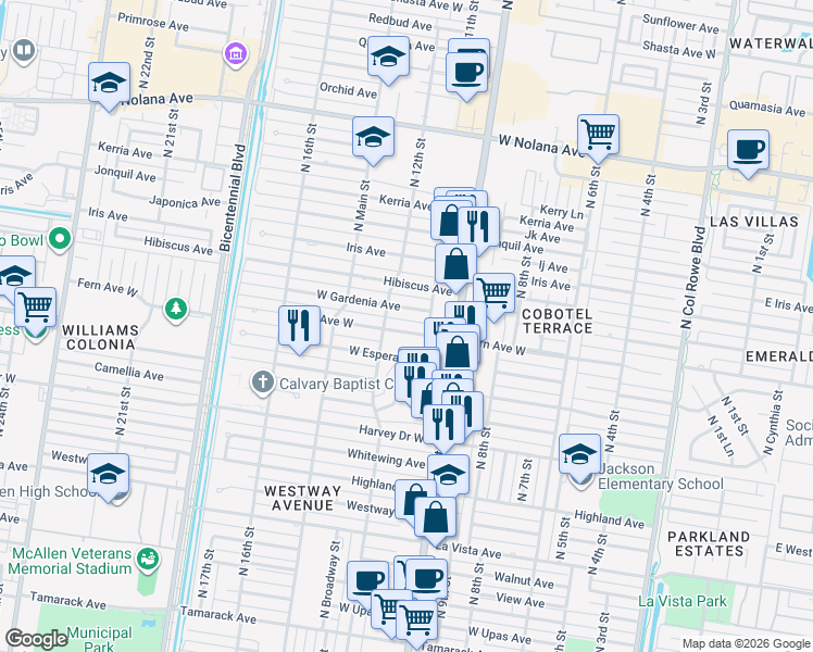 map of restaurants, bars, coffee shops, grocery stores, and more near 1105 Fern Avenue West in McAllen