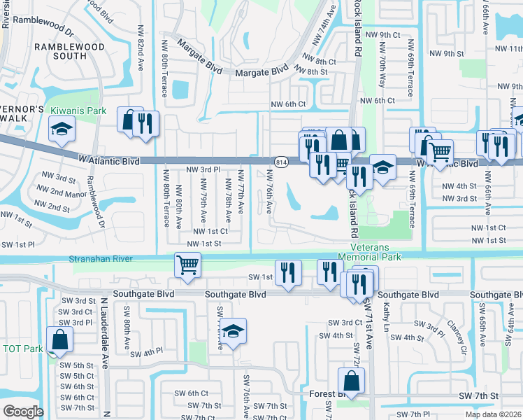 map of restaurants, bars, coffee shops, grocery stores, and more near 201 Northeast 1st Street in Margate