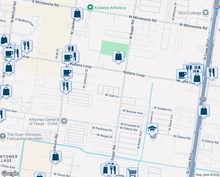 map of restaurants, bars, coffee shops, grocery stores, and more near 4103 North Palm Drive in Pharr