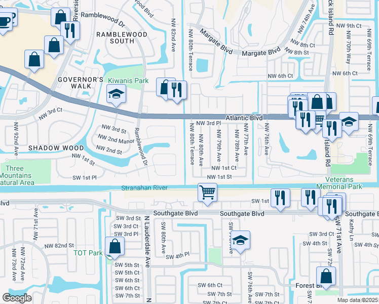 map of restaurants, bars, coffee shops, grocery stores, and more near 181 Northwest 80th Terrace in Margate