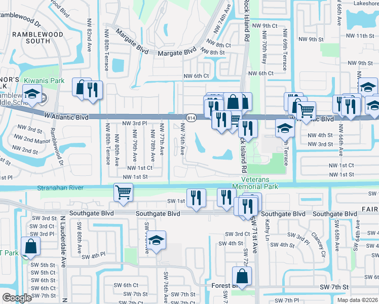 map of restaurants, bars, coffee shops, grocery stores, and more near 370 Northwest 76th Avenue in Margate
