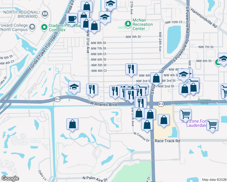 map of restaurants, bars, coffee shops, grocery stores, and more near 2805 Northwest 2nd Street in Pompano Beach