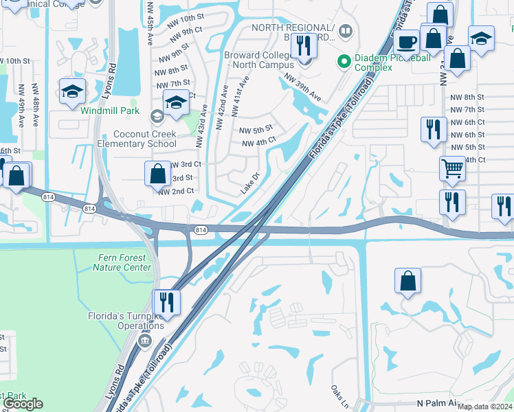 map of restaurants, bars, coffee shops, grocery stores, and more near 260 Lake Drive in Coconut Creek