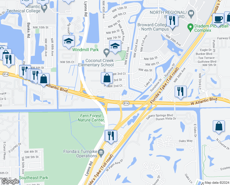 map of restaurants, bars, coffee shops, grocery stores, and more near 4400 Northwest 2nd Court in Coconut Creek