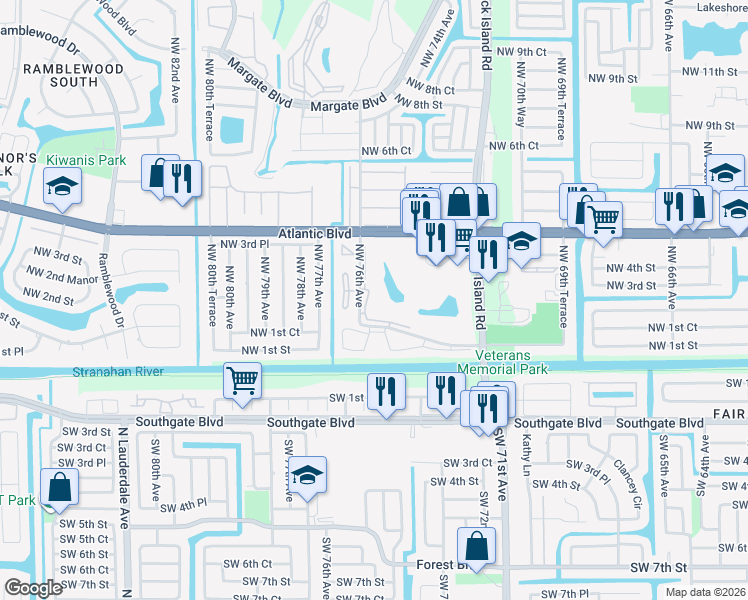 map of restaurants, bars, coffee shops, grocery stores, and more near 370 Northwest 76th Avenue in Margate