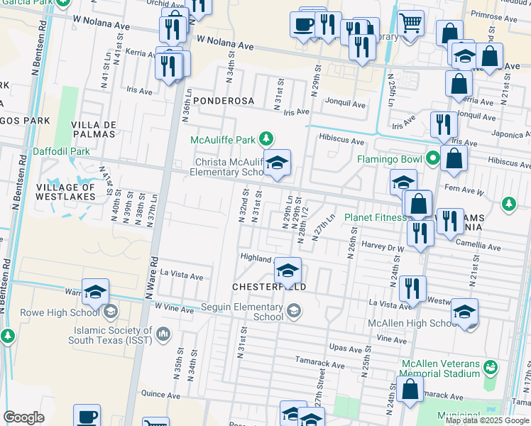 map of restaurants, bars, coffee shops, grocery stores, and more near 2905 North 31st Street in McAllen