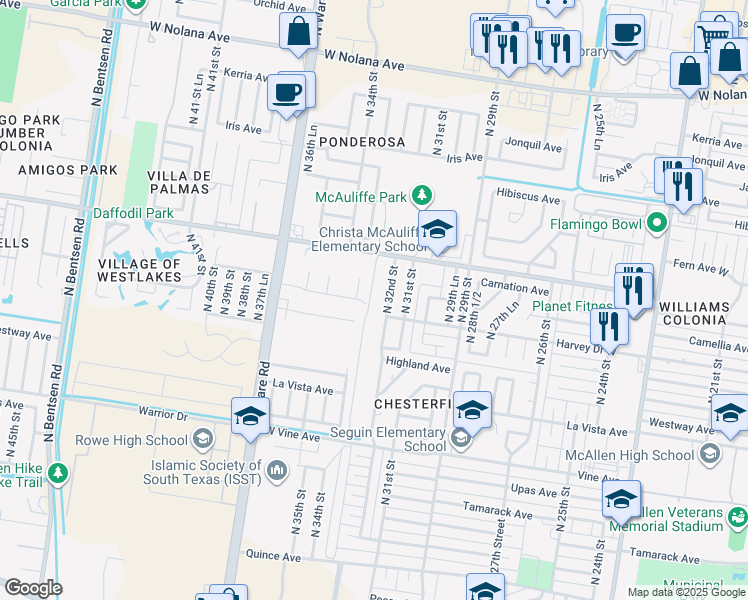 map of restaurants, bars, coffee shops, grocery stores, and more near 2901 North 32nd Street in McAllen