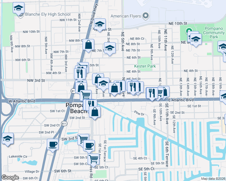 map of restaurants, bars, coffee shops, grocery stores, and more near 425 Northeast 2nd Street in Pompano Beach