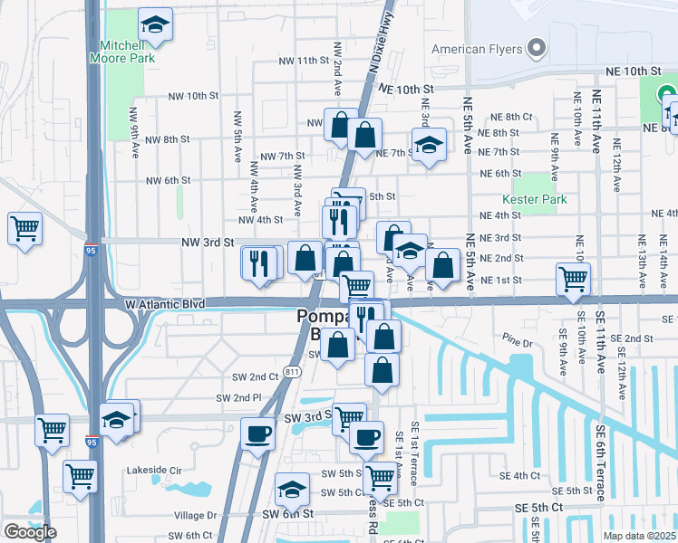 map of restaurants, bars, coffee shops, grocery stores, and more near 229 North Dixie Highway in Pompano Beach