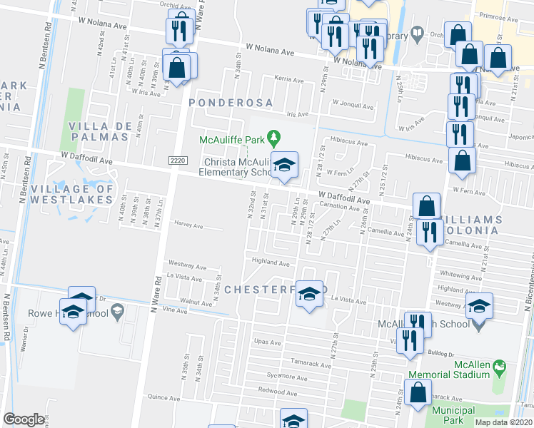 map of restaurants, bars, coffee shops, grocery stores, and more near 2812 North 31st Street in McAllen
