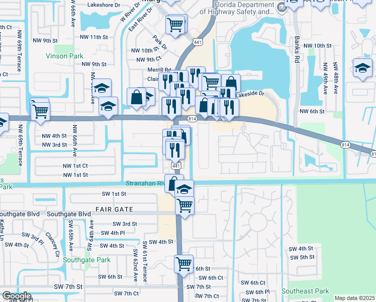map of restaurants, bars, coffee shops, grocery stores, and more near 62 West Palm Drive in Margate