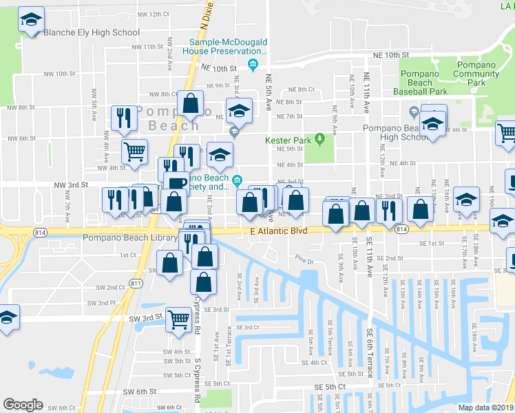 map of restaurants, bars, coffee shops, grocery stores, and more near 425 Northeast 2nd Street in Pompano Beach