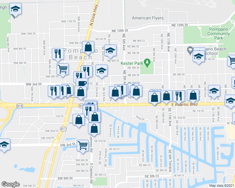 map of restaurants, bars, coffee shops, grocery stores, and more near 425 Northeast 2nd Street in Pompano Beach