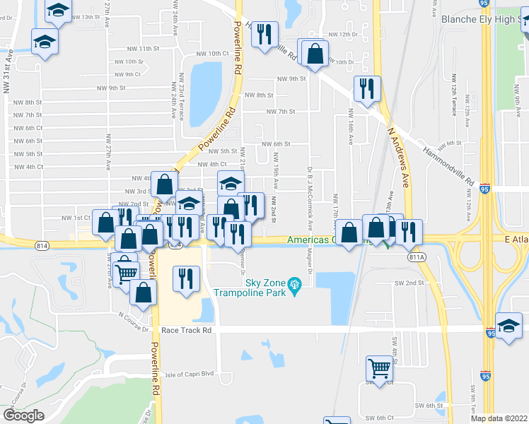 map of restaurants, bars, coffee shops, grocery stores, and more near 2021 West Atlantic Boulevard in Pompano Beach