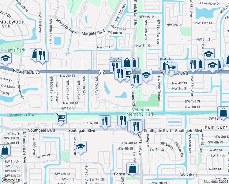 map of restaurants, bars, coffee shops, grocery stores, and more near 7300 Lake Circle Drive in Margate