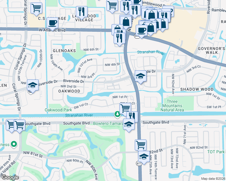 map of restaurants, bars, coffee shops, grocery stores, and more near 160 Northwest 97th Terrace in Coral Springs