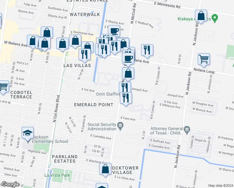map of restaurants, bars, coffee shops, grocery stores, and more near 3417 North McColl Road in McAllen