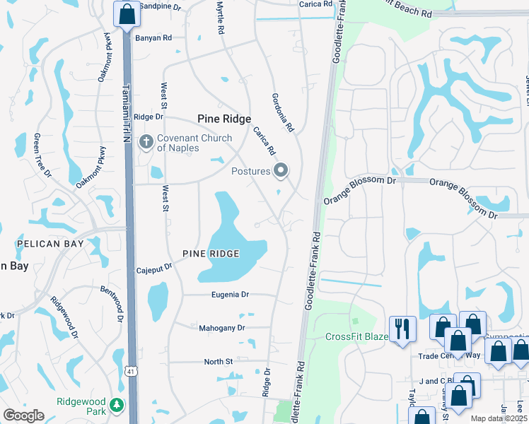 map of restaurants, bars, coffee shops, grocery stores, and more near 431 Ridge Court in Naples
