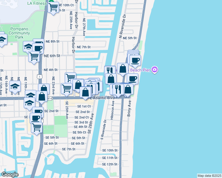 map of restaurants, bars, coffee shops, grocery stores, and more near 101 North Riverside Drive in Pompano Beach