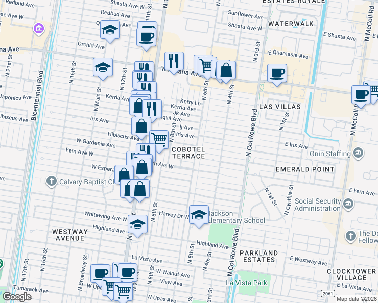 map of restaurants, bars, coffee shops, grocery stores, and more near 610 Hibiscus Avenue in McAllen
