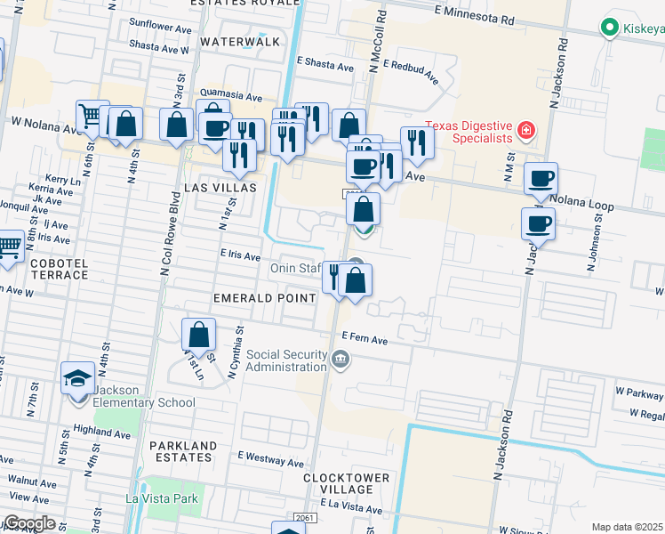 map of restaurants, bars, coffee shops, grocery stores, and more near 3409 North McColl Road in McAllen
