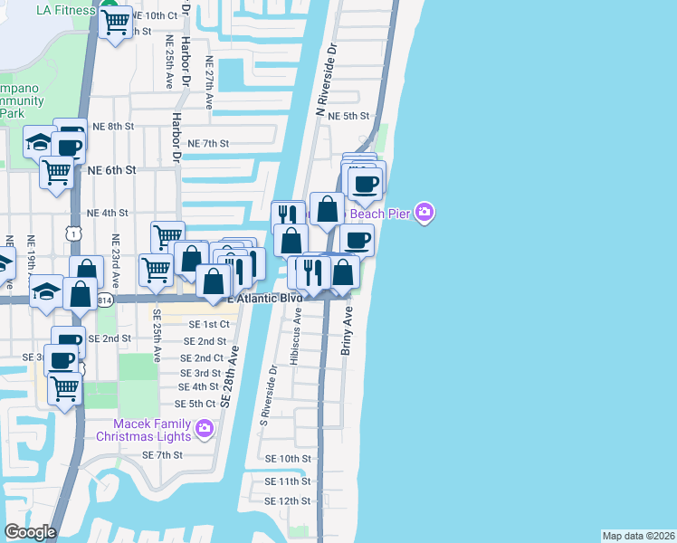 map of restaurants, bars, coffee shops, grocery stores, and more near in Pompano Beach