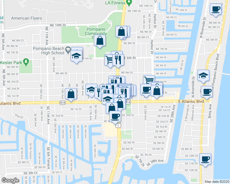 map of restaurants, bars, coffee shops, grocery stores, and more near in Pompano Beach