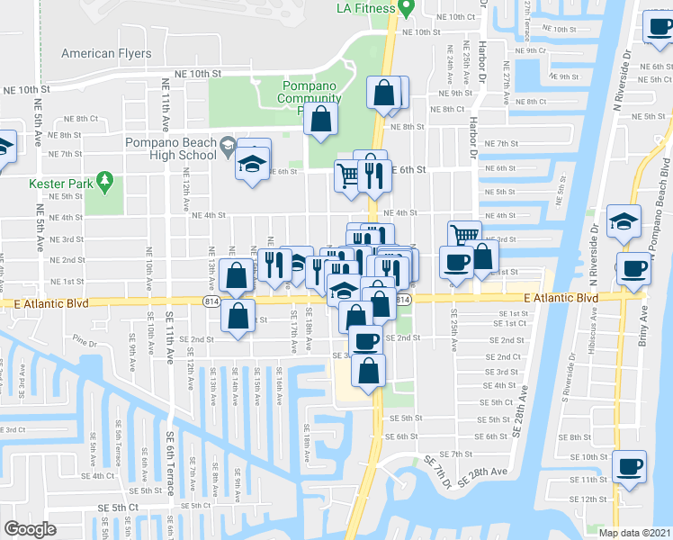 map of restaurants, bars, coffee shops, grocery stores, and more near 1950 Northeast 2nd Street in Pompano Beach