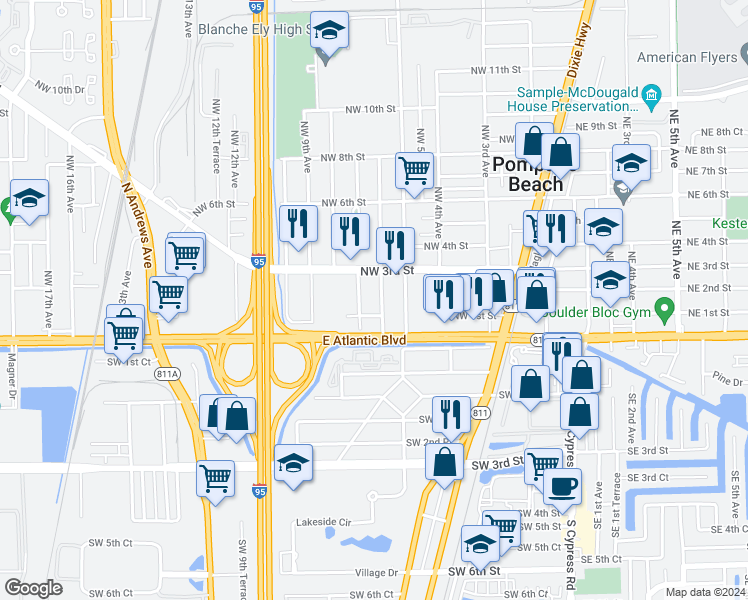 map of restaurants, bars, coffee shops, grocery stores, and more near 704 Northwest 3rd Street in Pompano Beach