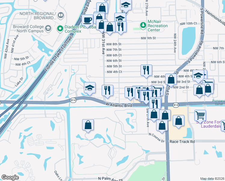 map of restaurants, bars, coffee shops, grocery stores, and more near 3025 Northwest 2nd Street in Pompano Beach