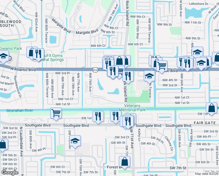 map of restaurants, bars, coffee shops, grocery stores, and more near 7300 Lake Circle Drive in Margate