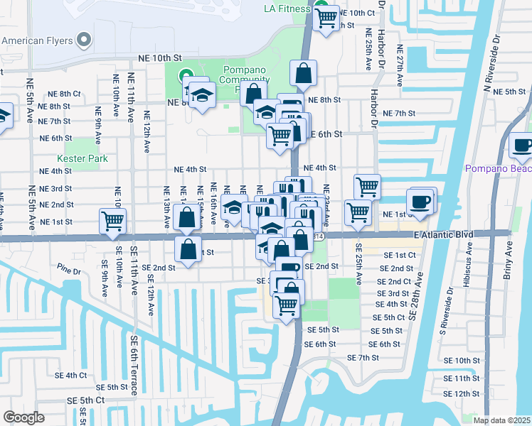map of restaurants, bars, coffee shops, grocery stores, and more near 1950 Northeast 2nd Street in Pompano Beach