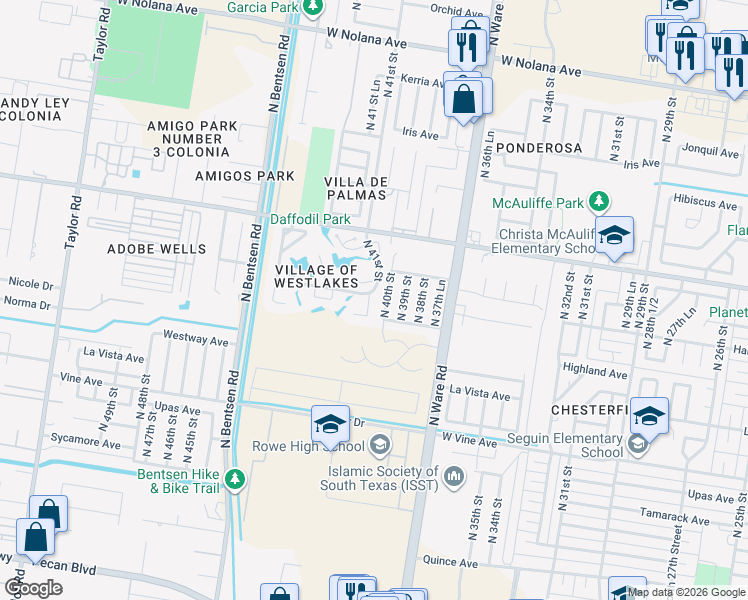 map of restaurants, bars, coffee shops, grocery stores, and more near 4101 Camellia Court in McAllen