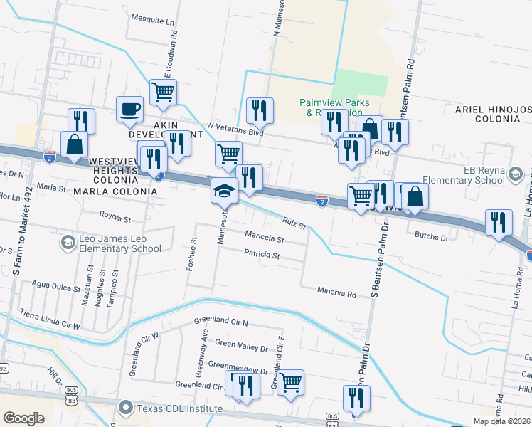 map of restaurants, bars, coffee shops, grocery stores, and more near 605 West Palma Vista Drive in Palmview