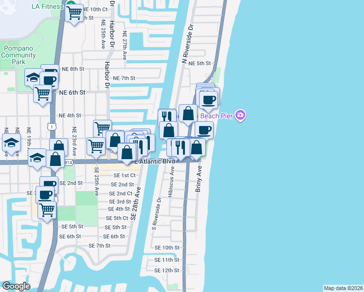 map of restaurants, bars, coffee shops, grocery stores, and more near 1 North Ocean Boulevard in Pompano Beach