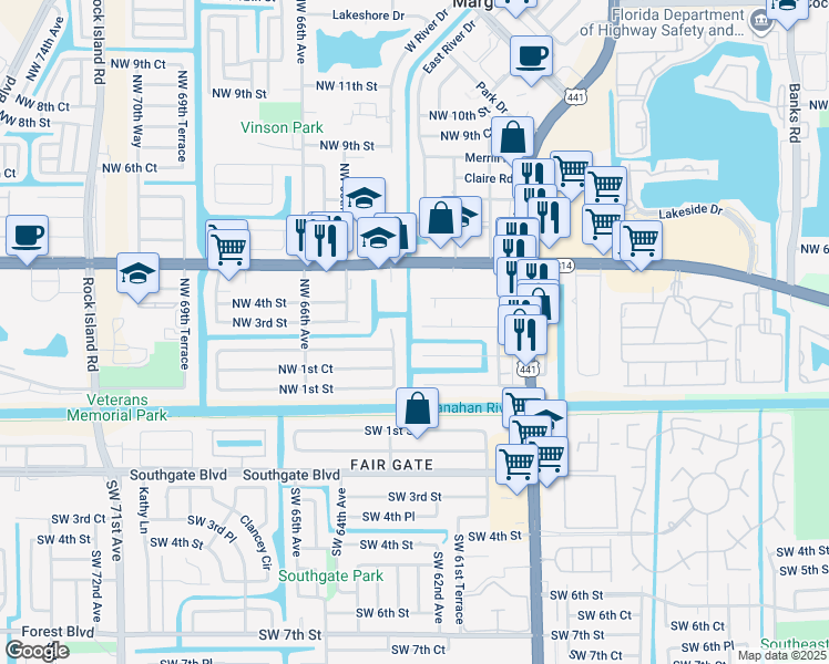 map of restaurants, bars, coffee shops, grocery stores, and more near 6083 Northwest 3rd Street in Margate