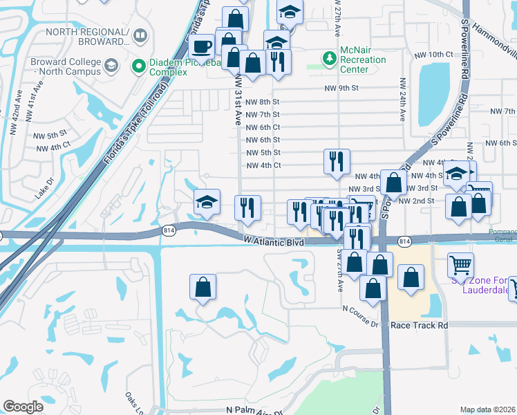 map of restaurants, bars, coffee shops, grocery stores, and more near 3021 Northwest 2nd Street in Pompano Beach