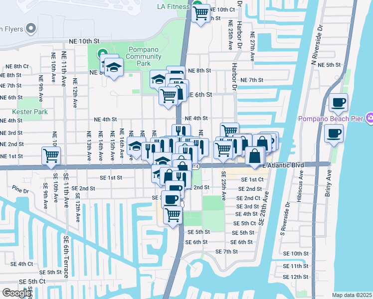 map of restaurants, bars, coffee shops, grocery stores, and more near 2224 Northeast 2nd Street in Pompano Beach