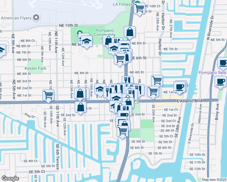 map of restaurants, bars, coffee shops, grocery stores, and more near 1950 Northeast 2nd Street in Pompano Beach
