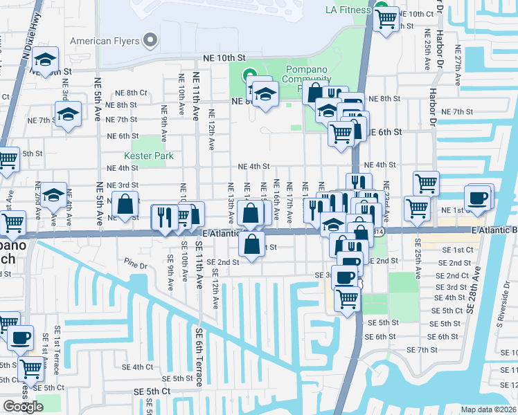 map of restaurants, bars, coffee shops, grocery stores, and more near 1406 Northeast 2nd Street in Pompano Beach