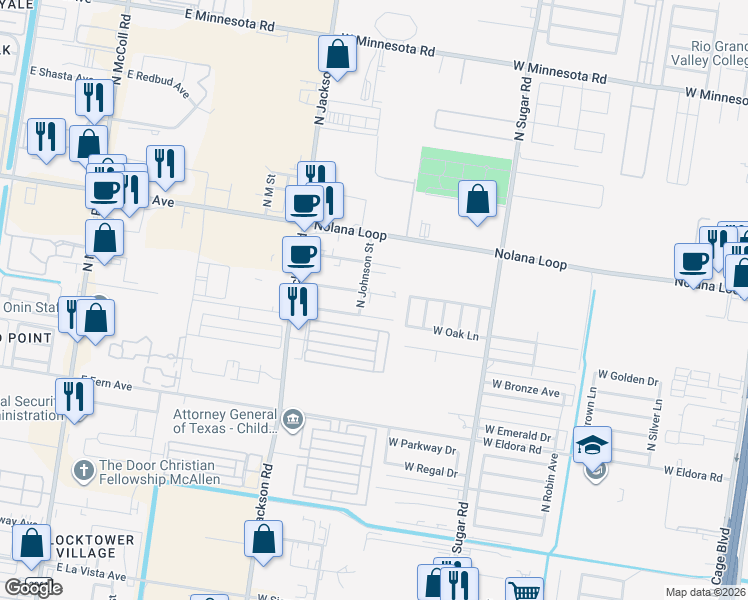 map of restaurants, bars, coffee shops, grocery stores, and more near 1109 West Eisenhower Street in Pharr