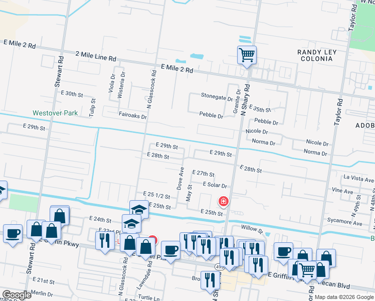 map of restaurants, bars, coffee shops, grocery stores, and more near 2809 May Avenue in Mission