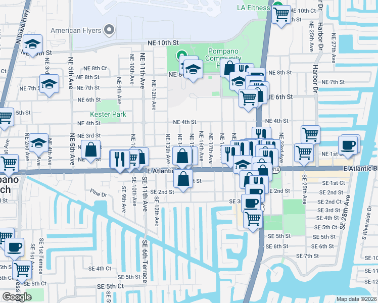 map of restaurants, bars, coffee shops, grocery stores, and more near 1406 Northeast 2nd Street in Pompano Beach