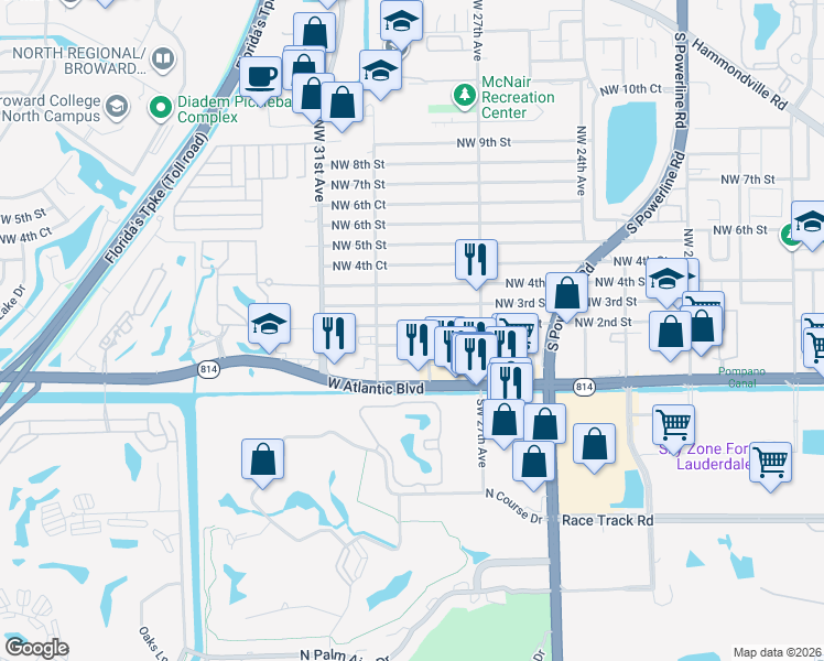 map of restaurants, bars, coffee shops, grocery stores, and more near 2805 Northwest 2nd Street in Pompano Beach