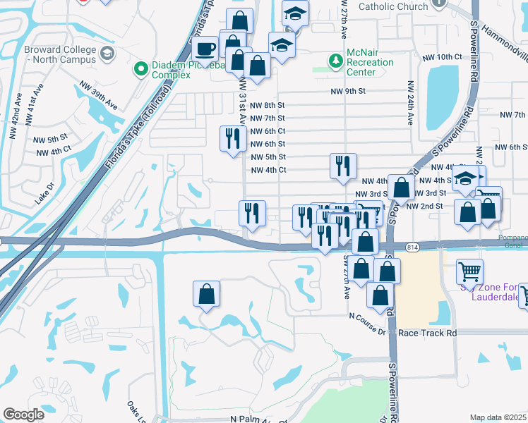 map of restaurants, bars, coffee shops, grocery stores, and more near 3021 Northwest 2nd Street in Pompano Beach