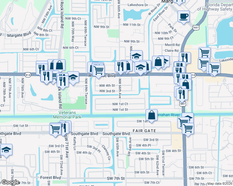 map of restaurants, bars, coffee shops, grocery stores, and more near 6645 Northwest 3rd Street in Margate