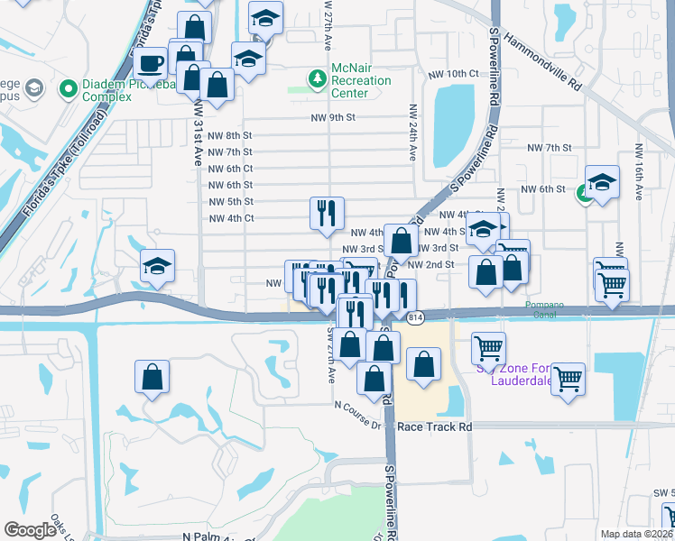 map of restaurants, bars, coffee shops, grocery stores, and more near 2631 Northwest 2nd Street in Pompano Beach