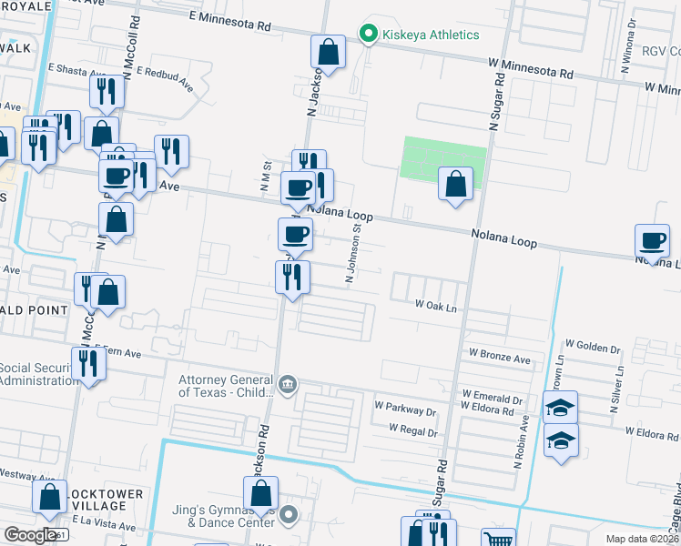 map of restaurants, bars, coffee shops, grocery stores, and more near 1211 West Eisenhower Street in Pharr